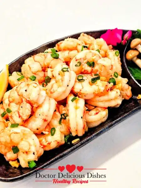 Angled view of Japanese-style Air Fryer Shrimp with garnish.