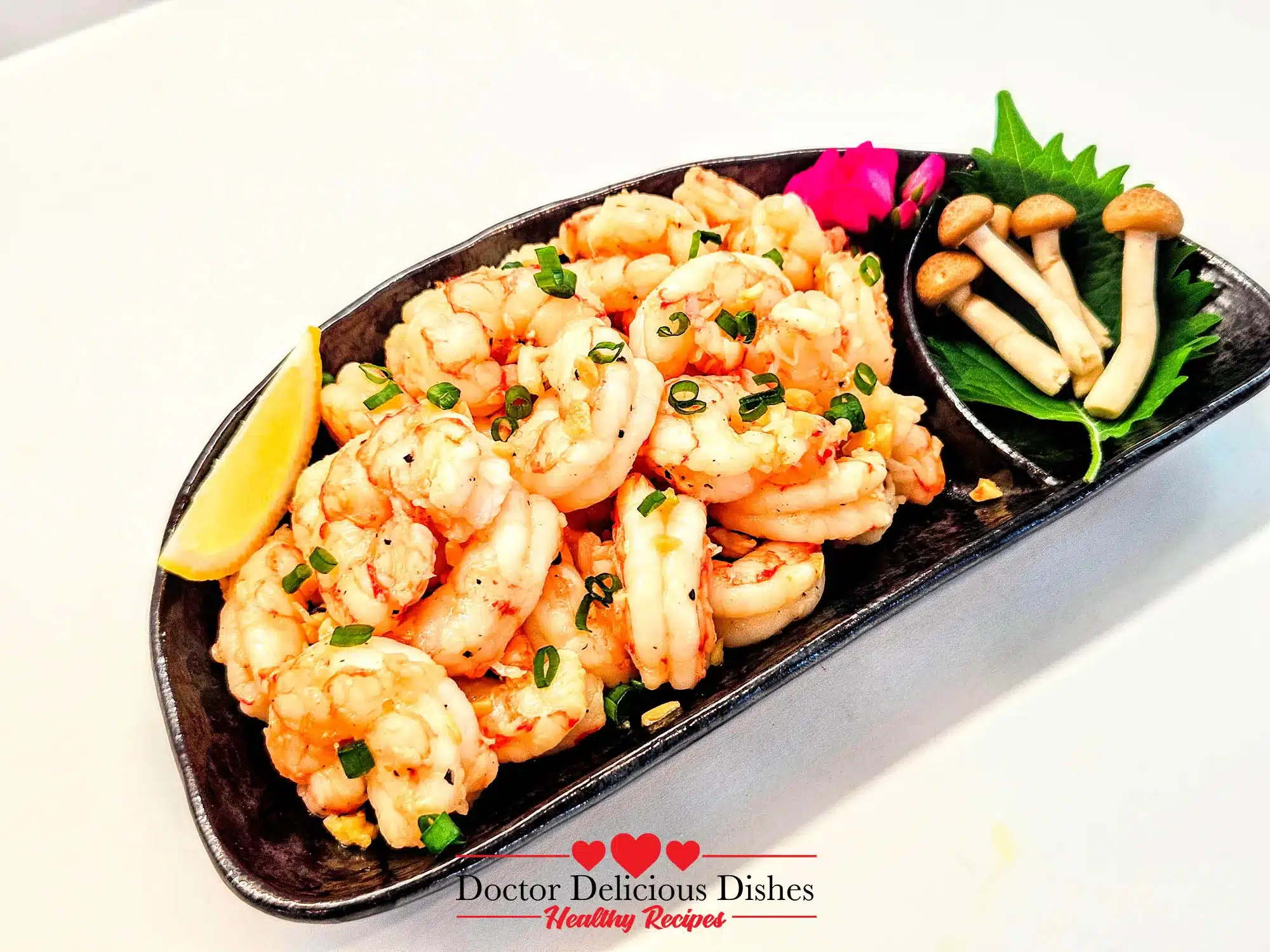 Angled view of Japanese-style Air Fryer Shrimp with garnish.