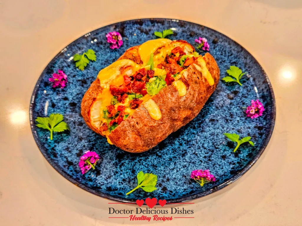 Loaded air fryer baked potato topped with nacho cheese sauce broccoli and bacon bits on a blue plate