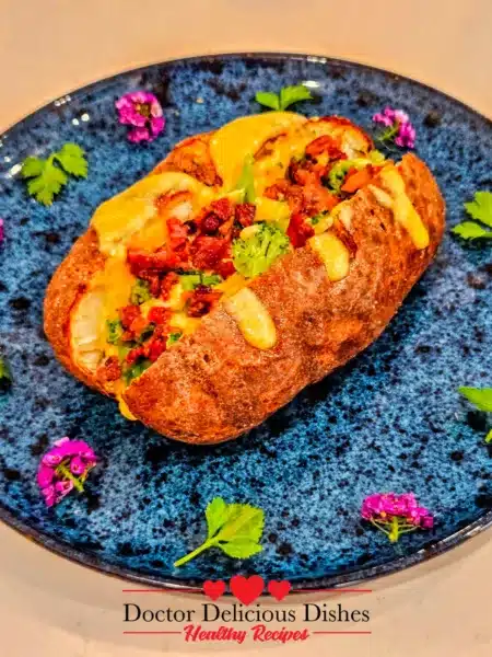 Loaded air fryer baked potato topped with nacho cheese sauce broccoli and bacon bits on a blue plate