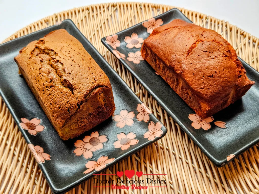 Closeup of golden honey and matcha castella loaves showing texture and rise