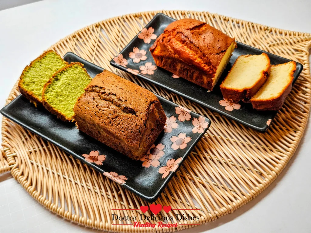 Angled view of sliced matcha and honey castella loaves showing crumb texture