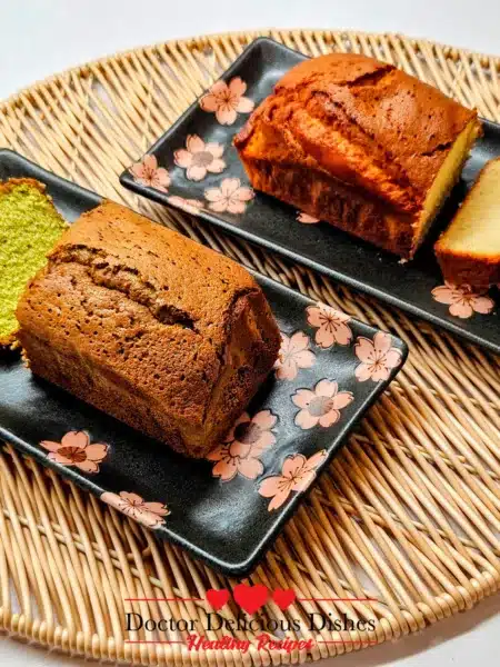Angled view of sliced matcha and honey castella loaves showing crumb texture