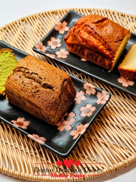 Angled view of sliced matcha and honey castella loaves showing crumb texture