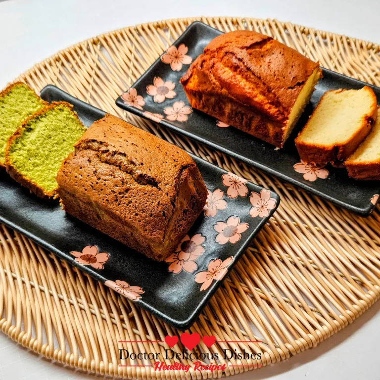 Angled view of sliced matcha and honey castella loaves showing crumb texture