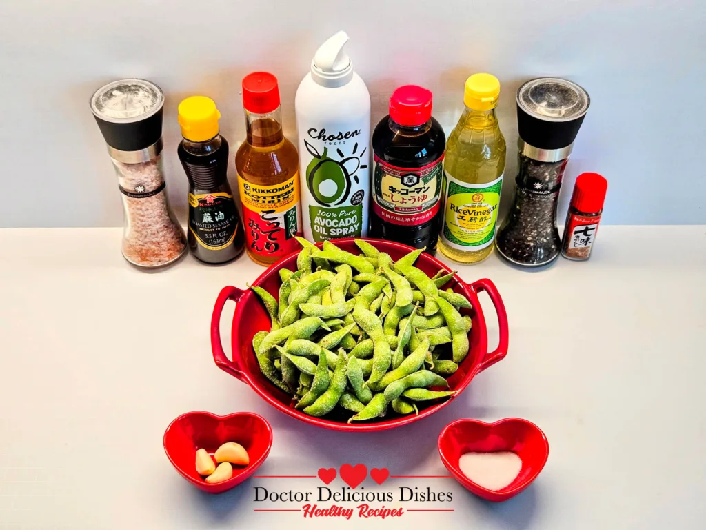 Ingredients for Japanese-style Air Fryer Edamame with garlic, soy sauce, sesame oil, and seasonings