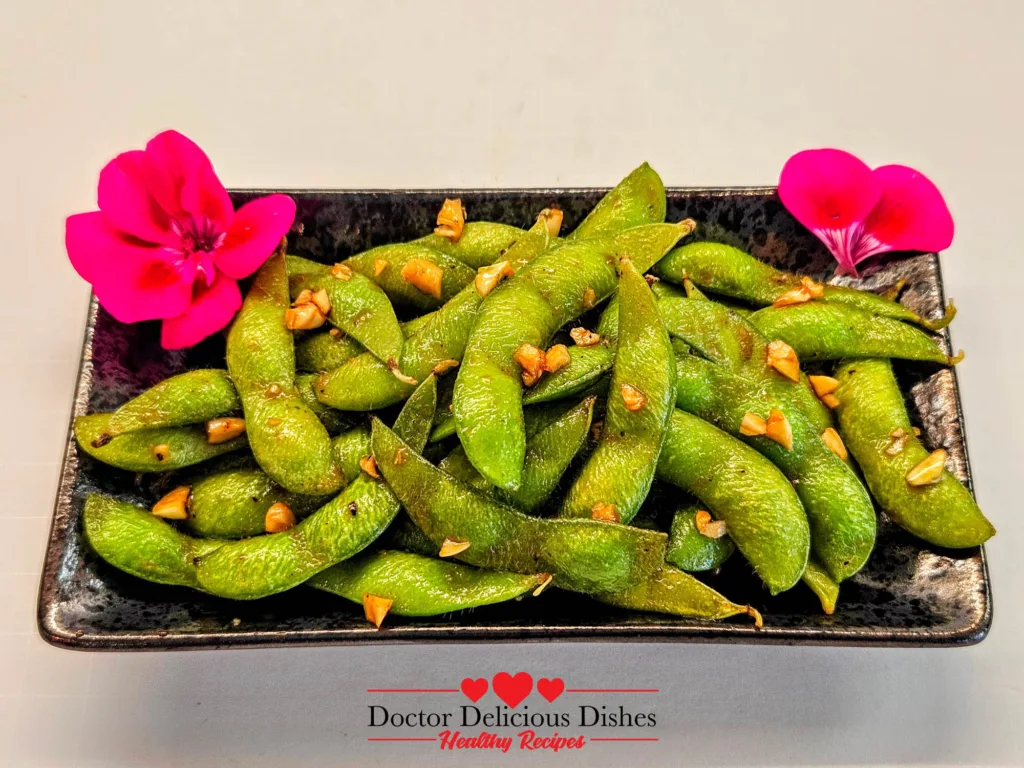 Close-up of Japanese-style Air Fryer Edamame with garlic and soy seasoning
