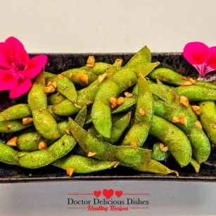 Close-up of Japanese-style Air Fryer Edamame with garlic and soy seasoning