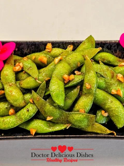 Close-up of Japanese-style Air Fryer Edamame with garlic and soy seasoning