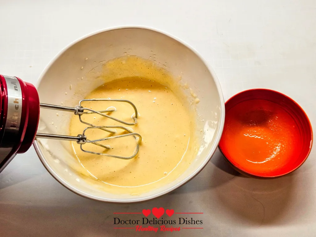 Honey Castella Cake batter after warm honey mixture is incorporated (air fryer castella recipe).