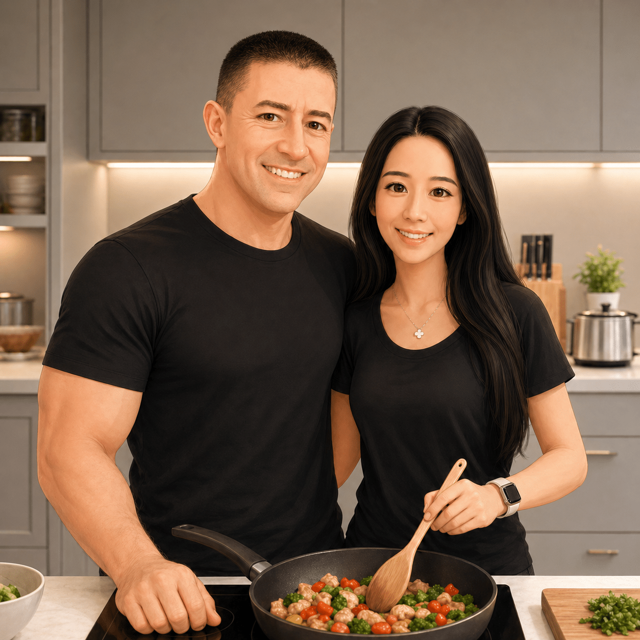 Doctor Diana and her partner cooking together in their Southern California kitchen - the team behind Doctor Delicious Dishes.