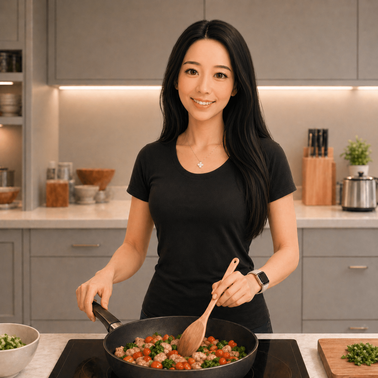 Dr. Diana cooking in her kitchen